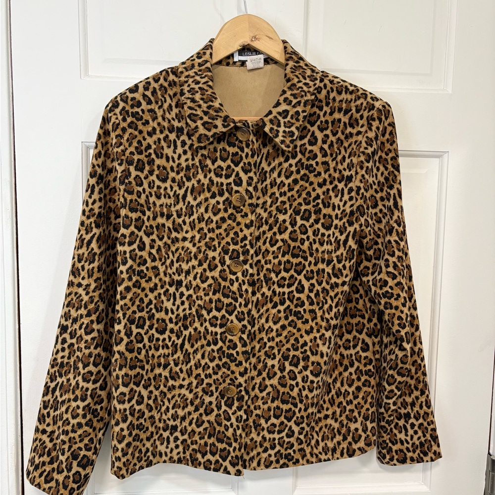 Leslie Fay Leopard Print Button-Front Jacket in Brown and Black